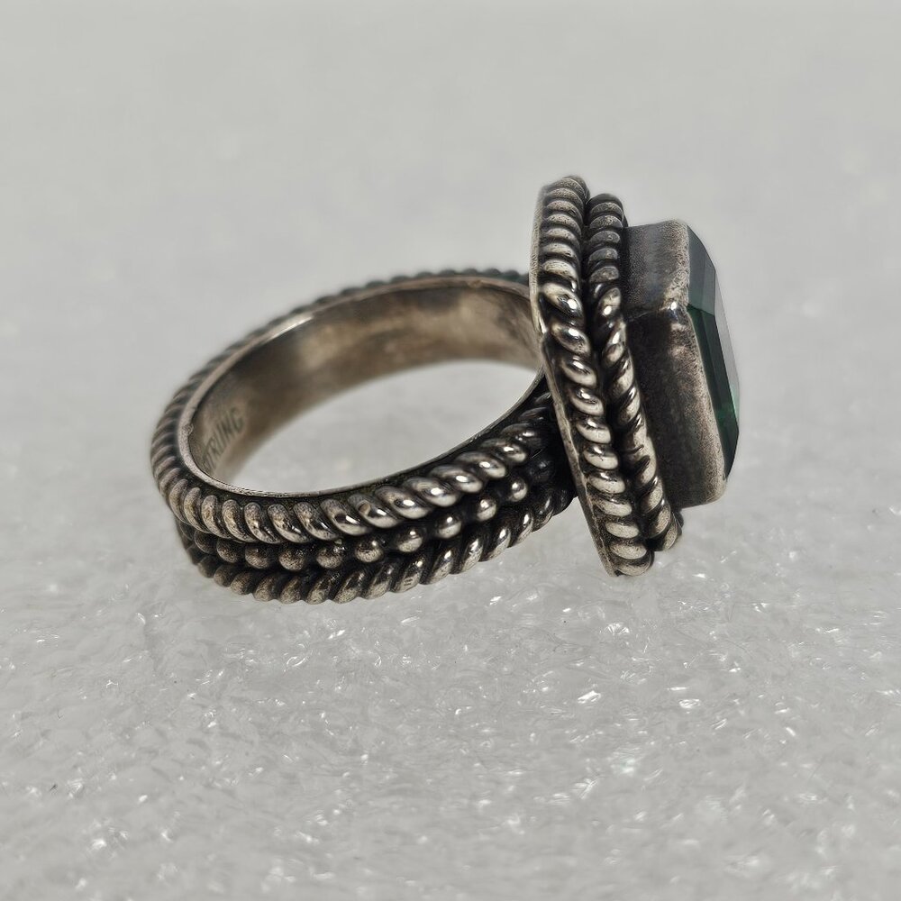 Vtg Sterling Silver Green Quartz Ring Size 7 Square Textured Rope Band Chunky - Picture 4 of 16